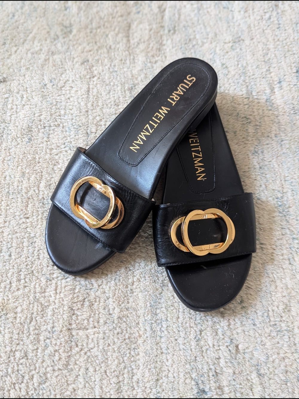 Stuart Weitzman Black Leather Slide Sandals with Gold Buckle